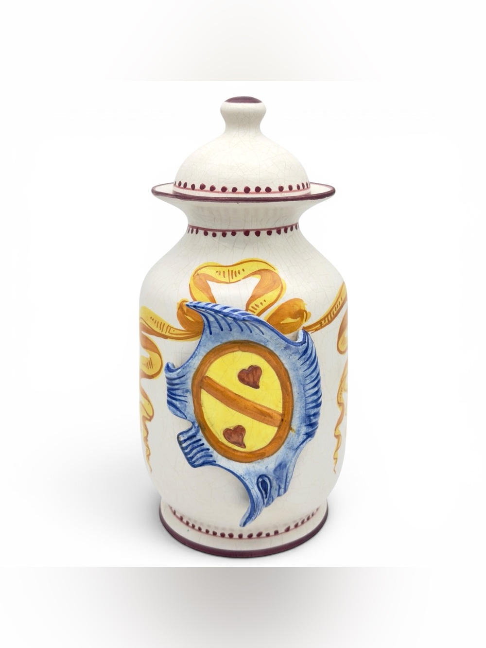 Vintage Bassano Italian Majolica Apothecary Jar Albarello Hand Painted Crest MCM
